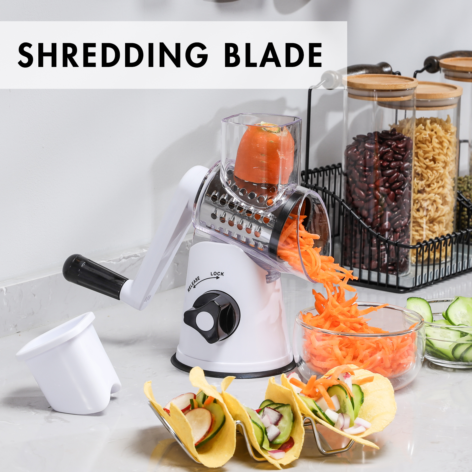 Cheese Grater Rotary, Rotary Grater for Kitchen, Kitchen Grater Vegetable Slicer with 3 Drum Blades, Fast Cutting Cheese Shredder for Vegetables and Nuts