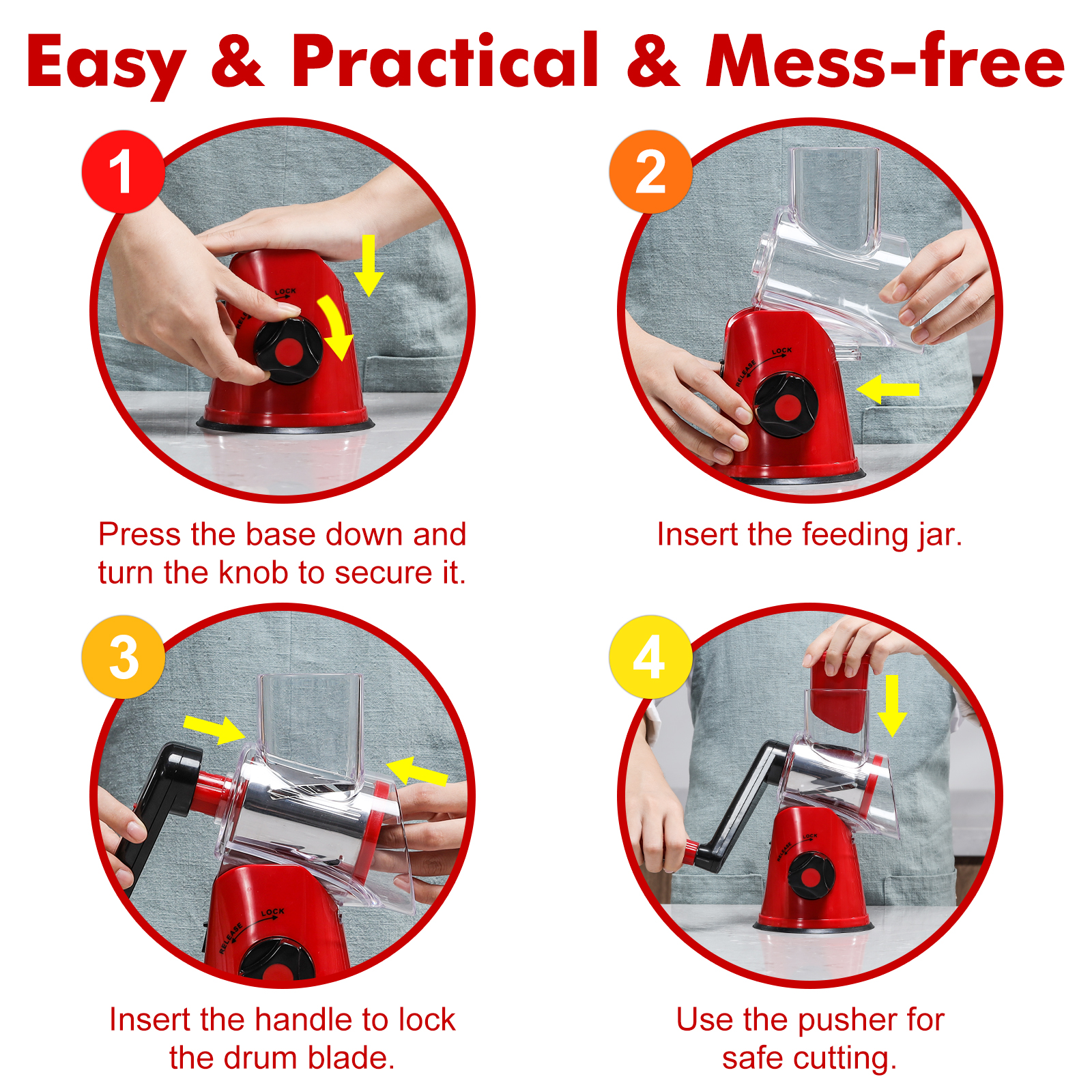 Cheese Grater Rotary, Rotary Grater for Kitchen, Kitchen Grater Vegetable Slicer with 3 Drum Blades, Fast Cutting Cheese Shredder for Vegetables and Nuts