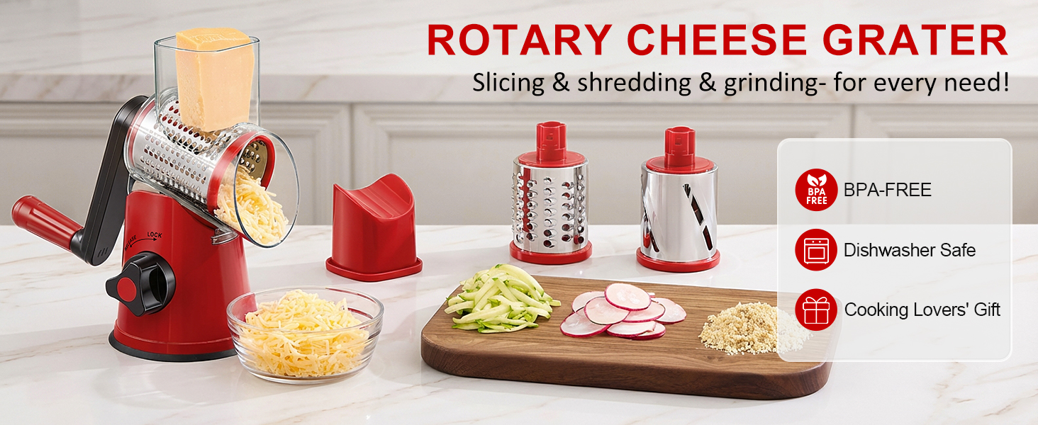 Cheese Grater Rotary, Rotary Grater for Kitchen, Kitchen Grater Vegetable Slicer with 3 Drum Blades, Fast Cutting Cheese Shredder for Vegetables and Nuts