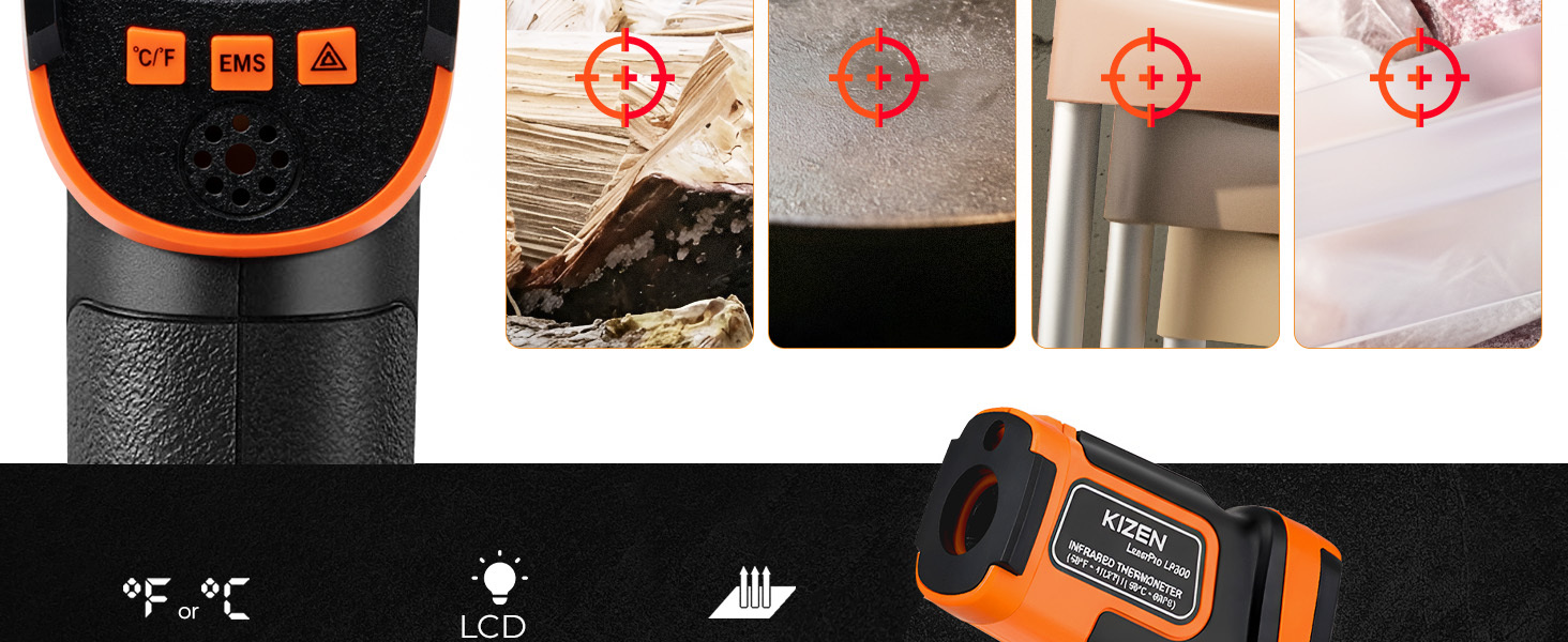 Kizen Infrared Temperature Gun - Handheld Surface Infrared Thermometer for Griddle, Grill, Pizza Oven, Candy, & A/C - Laser Thermometer Gun -58F to 1112F - Surface Temp Gun