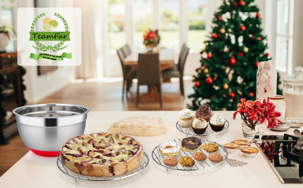 TeamFar Round Cooling Rack Set of 3, 7½ & 9 & 10½ Inch, Stainless Steel Round Baking Steaming Rack Set, Fit for Air fryer/Oven/Pot/Cake Pan/Pressure Cooker, Healthy & Mirror Finish, Dishwasher Safe