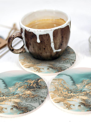 Lahome Marble Pattern Coasters - Round Drinks Absorbent Stone Coaster Set with Ceramic Stone and Cork Base for Kinds of Mugs and Cups (Blue, Set of 6)