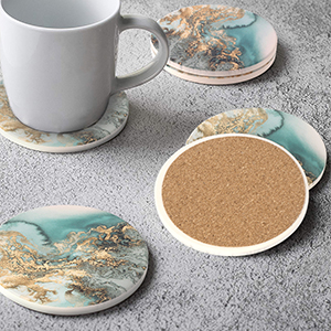Lahome Marble Pattern Coasters - Round Drinks Absorbent Stone Coaster Set with Ceramic Stone and Cork Base for Kinds of Mugs and Cups (Blue, Set of 6)