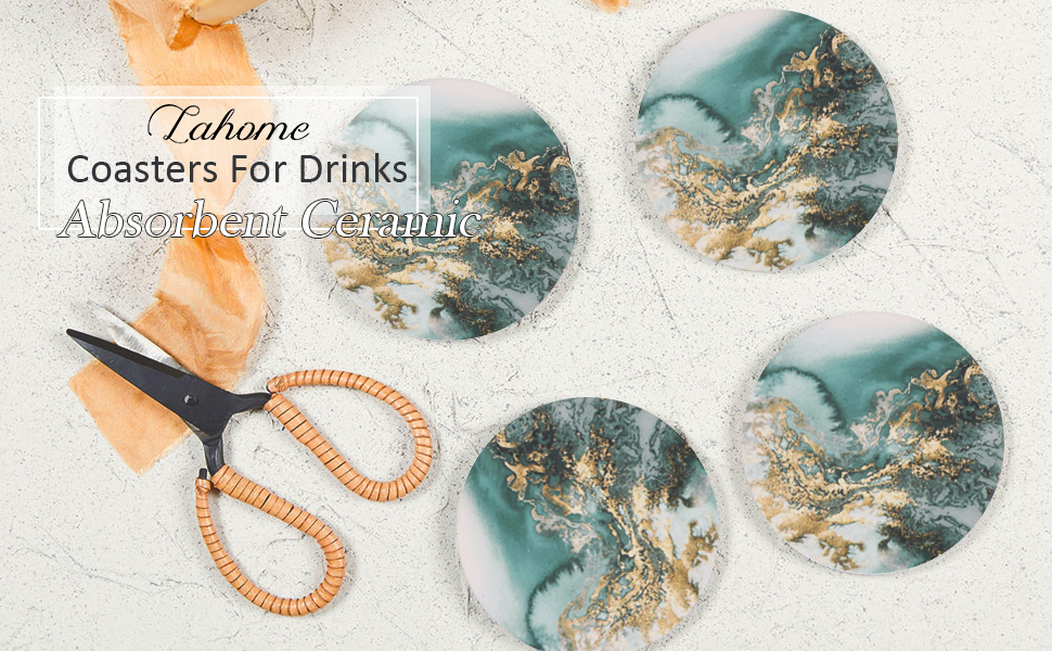Lahome Marble Pattern Coasters - Round Drinks Absorbent Stone Coaster Set with Ceramic Stone and Cork Base for Kinds of Mugs and Cups (Blue, Set of 6)