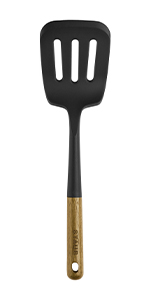 STAUB Silicone Spatula Turner, Perfectly Angled for Lifting Pancakes, Sandwiches and Picking up Veggies Durable BPA-Free Matte Black Silicone, Acacia Wood Handles, Safe for Nonstick Cooking Surfaces