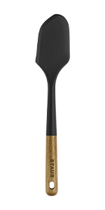 STAUB Silicone Spatula Turner, Perfectly Angled for Lifting Pancakes, Sandwiches and Picking up Veggies Durable BPA-Free Matte Black Silicone, Acacia Wood Handles, Safe for Nonstick Cooking Surfaces