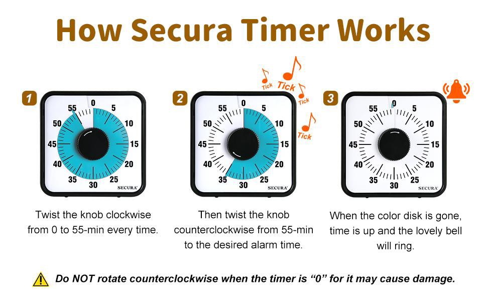 Secura 60-Minute Visual Countdown Timer, 7.5-Inch Oversize Classroom Visual Timer for Kids and Adults, Durable Mechanical Kitchen Timer Clock with Magnetic Backing (Blue)