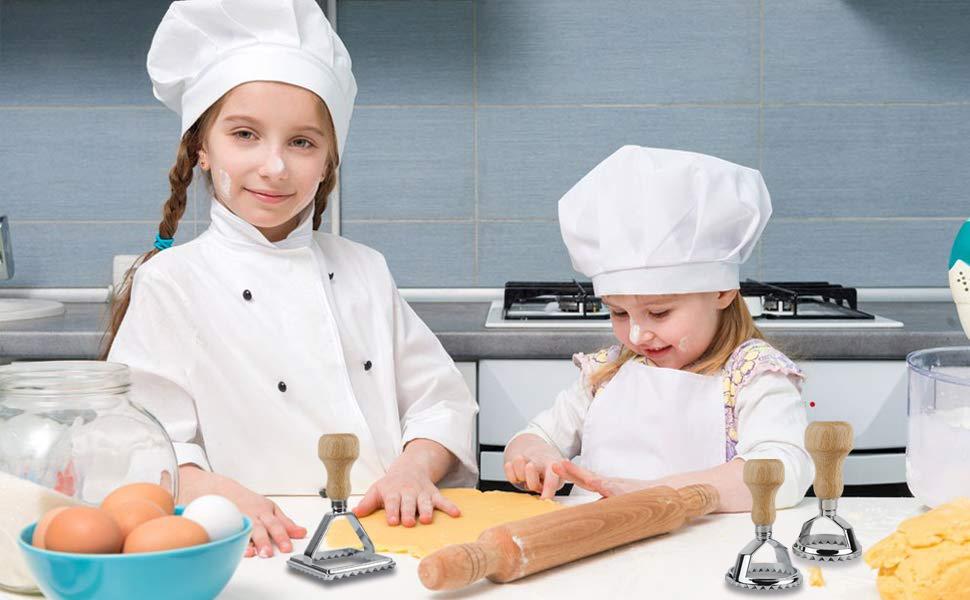 MASTER FENG Ravioli Stamp Maker Cutter with Roller Wheel Set, Mold with Wooden Handle and Fluted Edge, Pasta Press Kitchen Attachment (MF-12456)