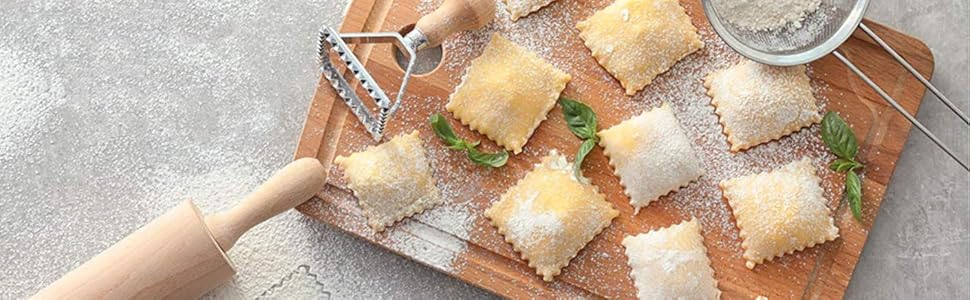 MASTER FENG Ravioli Stamp Maker Cutter with Roller Wheel Set, Mold with Wooden Handle and Fluted Edge, Pasta Press Kitchen Attachment (MF-12456)