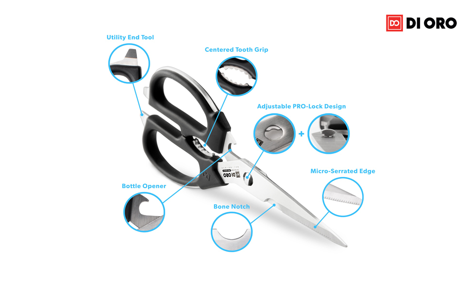 DI ORO Heavy Duty Kitchen Shears - All Purpose - Sharp Scissors for Food, Meat, & Herbs - Stainless Steel Kitchen Shears Heavy Duty & Dishwasher Safe - Bone Cutting Scissors