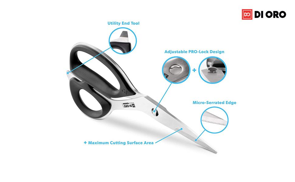 DI ORO Heavy Duty Kitchen Shears - All Purpose - Sharp Scissors for Food, Meat, & Herbs - Stainless Steel Kitchen Shears Heavy Duty & Dishwasher Safe - Bone Cutting Scissors