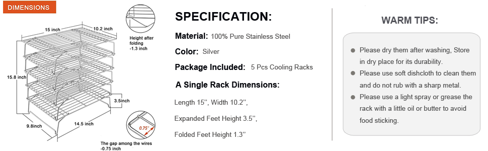 P&P CHEF Cooling Rack, 5-Tier Stainless Steel Stackable Baking Cooking Racks for Cooling Roasting Grilling, Collapsible & Heavy Duty, Oven Safe & Easy Clean, 15