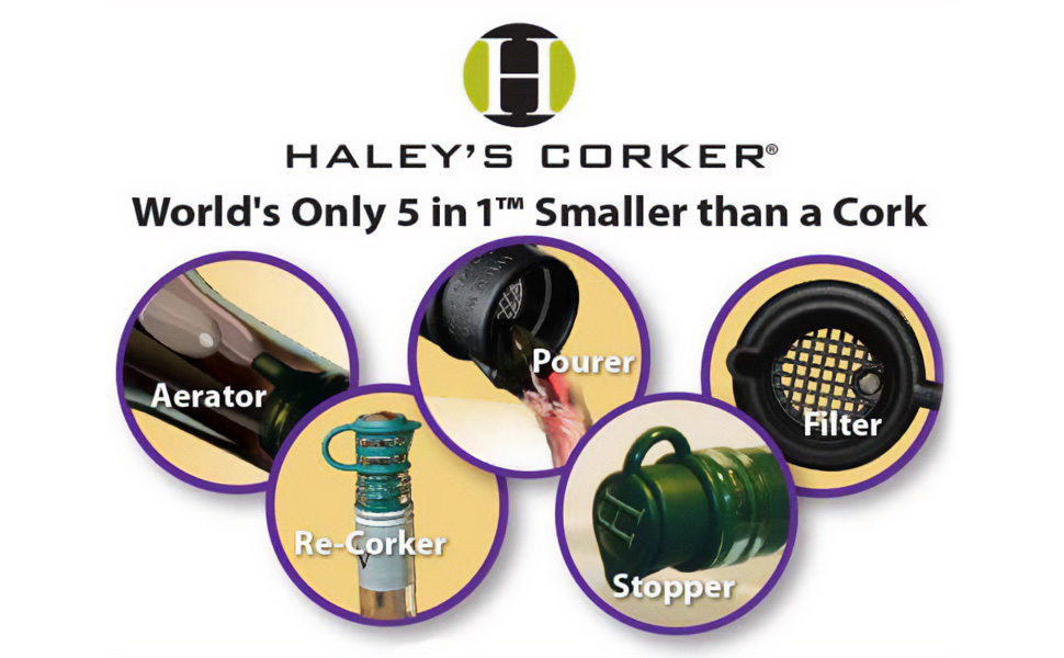 Haley's Corker 5-in-1 Wine Aerator, Stopper, Pourer, Filter and Re-Corker, 2 Pack