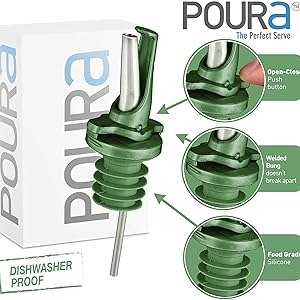 Olive Oil Spout for Olive Oil Dispenser - UK Patented Oil Pourer - Mid Flow Shut Off for Accurate Measurement - One Handed Open & Close Cap Keeps Oil Fresh and Prevents Oxidization - Green 6 Pack