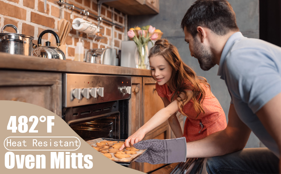 Set of 4 Oven Mitts and Pot Holders, 482 F Heat Resistant Hot Plate Moving Non-Slip Gloves for BBQ, Grill, Baking, Cooking, Oven, Microwave (Gray)