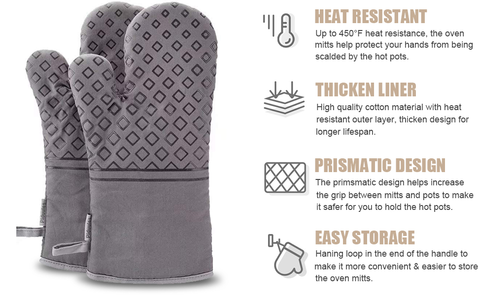 Set of 4 Oven Mitts and Pot Holders, 482 F Heat Resistant Hot Plate Moving Non-Slip Gloves for BBQ, Grill, Baking, Cooking, Oven, Microwave (Gray)