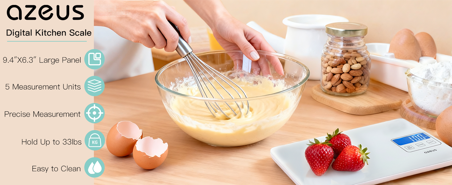 AZEUS Food Scale with USB Rechargeable, Digital Kitchen Scale with 6 Units, High Precision to 0.04 oz /11lbs Capacity, Weight Range from 3g-5000g (White)