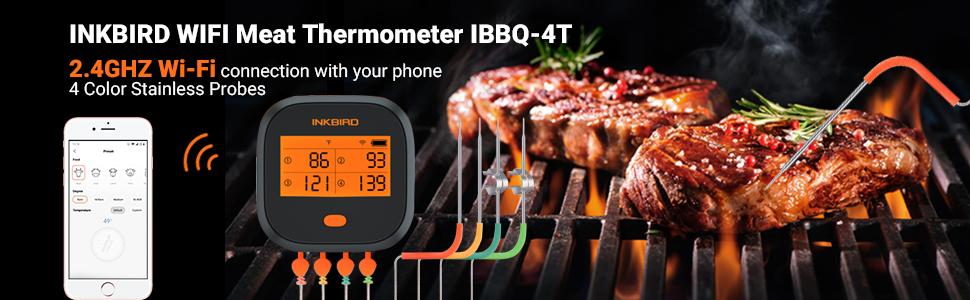INKBIRD WiFi Meat Thermometer IBBQ-4T, Wireless WiFi BBQ Thermometer for Smoker, Oven | APP Calibration Temp Graph | Mobile Notification Timer Alarm | Rechargeable Digital Grill Thermometer, 4 Probes
