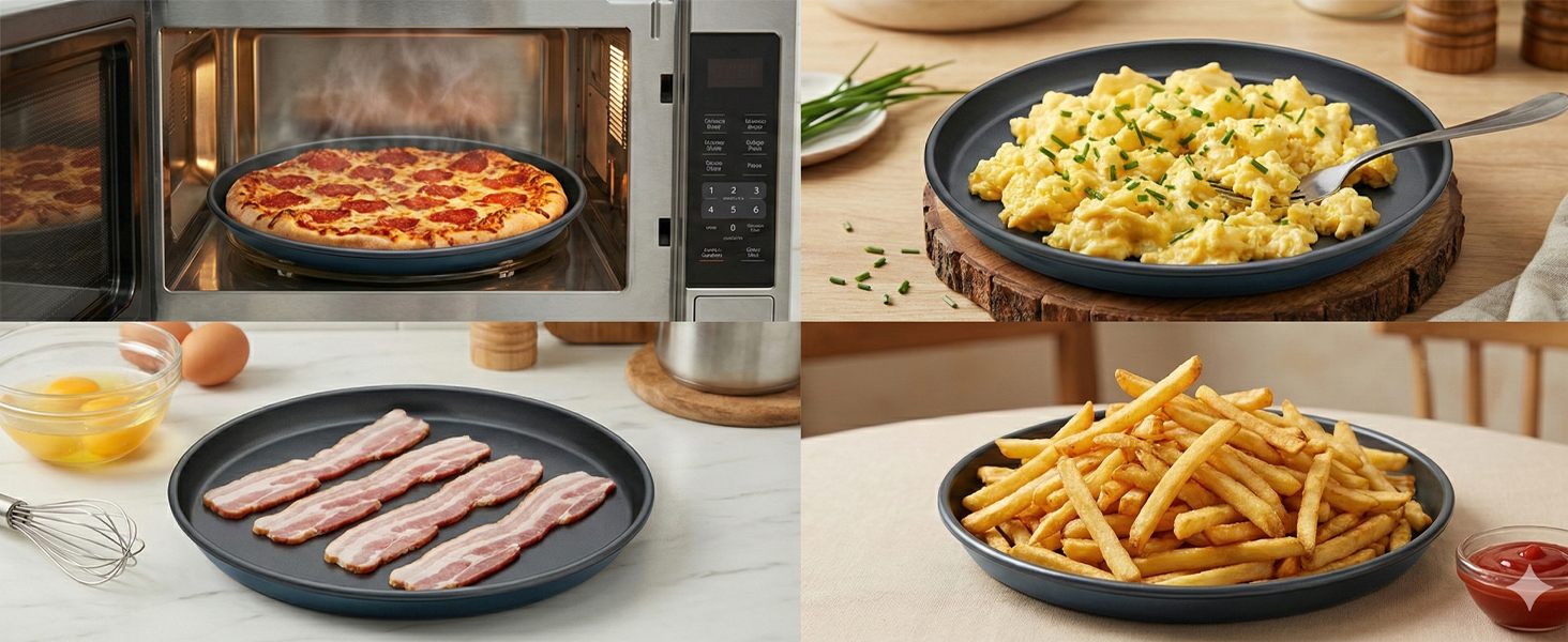 MACONEE 12inch Universal Microwave Crisper Pan/Microwave Cookware Crispy Plate Fry Pan, Microwave Cooker for Reheat Frozen Pizza, Chicken Nuggets French Toast with Crisp Effect!