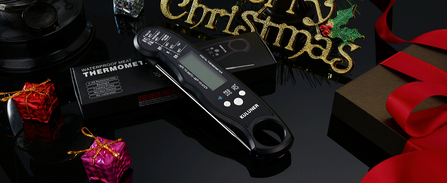 KULUNER TP-01 Waterproof Digital Instant Read Meat Thermometer with 4.6 Folding Probe Backlight Calibration Function for Cooking Food Candy, BBQ Grill, Liquids,Beef(Black)