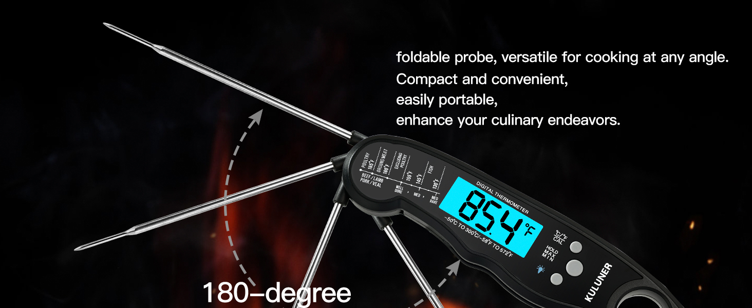 KULUNER TP-01 Waterproof Digital Instant Read Meat Thermometer with 4.6 Folding Probe Backlight Calibration Function for Cooking Food Candy, BBQ Grill, Liquids,Beef(Black)