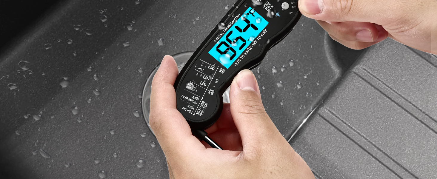 KULUNER TP-01 Waterproof Digital Instant Read Meat Thermometer with 4.6 Folding Probe Backlight Calibration Function for Cooking Food Candy, BBQ Grill, Liquids,Beef(Black)