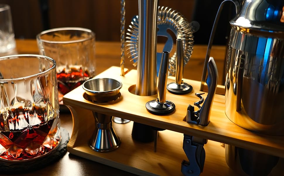 Bartender Kit Cocktail Shaker Set with Stand Bar Tool Bar Set for Drink Mixing Home Bartending Kit 11-Piece Bar Cart Accessories: Martini Shaker, Mixer Spoon, Jigger, Muddler, Strainer & Recipes Gifts