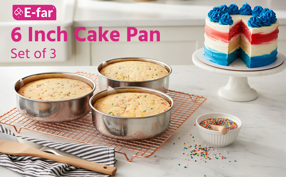 E-far 6 Inch Cake Pan Set of 3, Stainless Steel Round Smash Cake Baking Pans Tins, Non-Toxic & Healthy, Mirror Finish & Dishwasher Safe