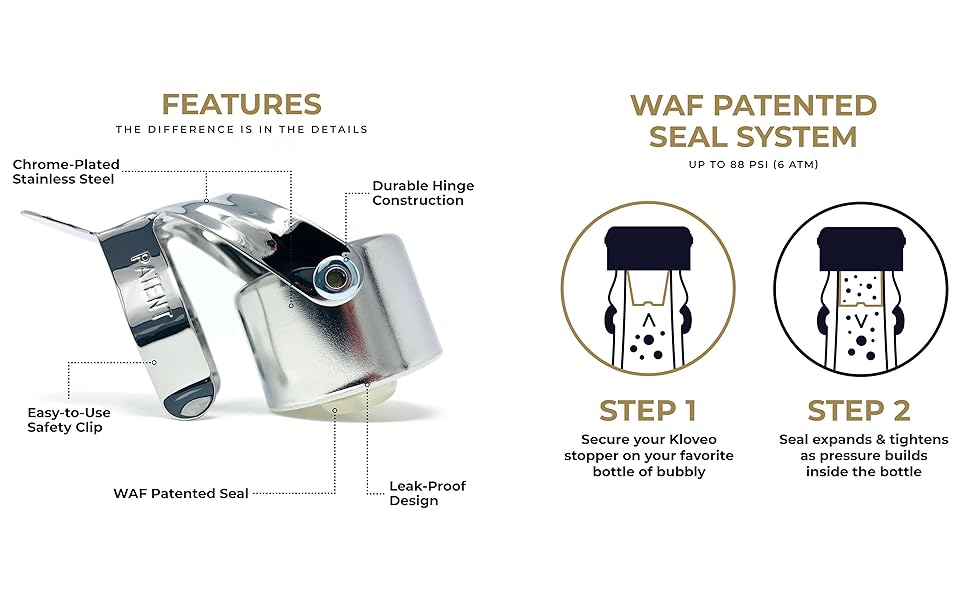 KLOVEO Champagne Stoppers - Patented Seal - Made in Italy - Professional Grade WAF Champagne Bottle Stopper - Prosecco, Cava, and Sparkling Wine Bottle Stopper