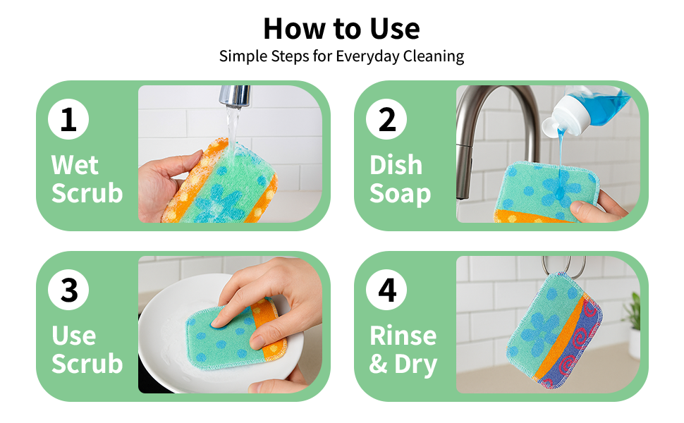 Set of 4 Premium Paperless Kitchen Dish Wash Scrubs – Sponge Scour Pads Made of 100% Natural Organic Fibers W/Non-Toxic Coat – Non-Scratch Surface – 5” x 6.5” – Ideal for Kitchen, Bathroom Cleaning