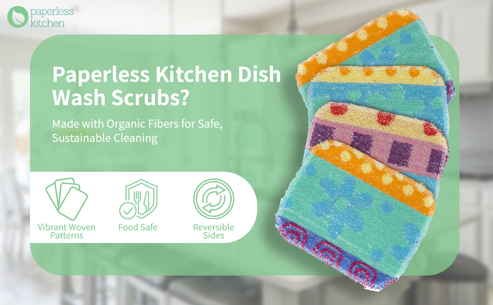 Set of 4 Premium Paperless Kitchen Dish Wash Scrubs – Sponge Scour Pads Made of 100% Natural Organic Fibers W/Non-Toxic Coat – Non-Scratch Surface – 5” x 6.5” – Ideal for Kitchen, Bathroom Cleaning