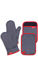 Oven Mitts and Pot Holders Set, Cooking Mitts, Heat Resistant Cooking Mitts and Pot Holders, Silicon Oven Gloves Set for Kitchen, Pure Cotton and Terrycloth Lining, Black, 4 Pcs Set