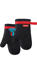 Oven Mitts and Pot Holders Set, Cooking Mitts, Heat Resistant Cooking Mitts and Pot Holders, Silicon Oven Gloves Set for Kitchen, Pure Cotton and Terrycloth Lining, Black, 4 Pcs Set