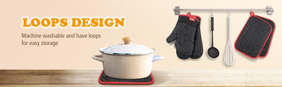 Oven Mitts and Pot Holders Set, Cooking Mitts, Heat Resistant Cooking Mitts and Pot Holders, Silicon Oven Gloves Set for Kitchen, Pure Cotton and Terrycloth Lining, Black, 4 Pcs Set