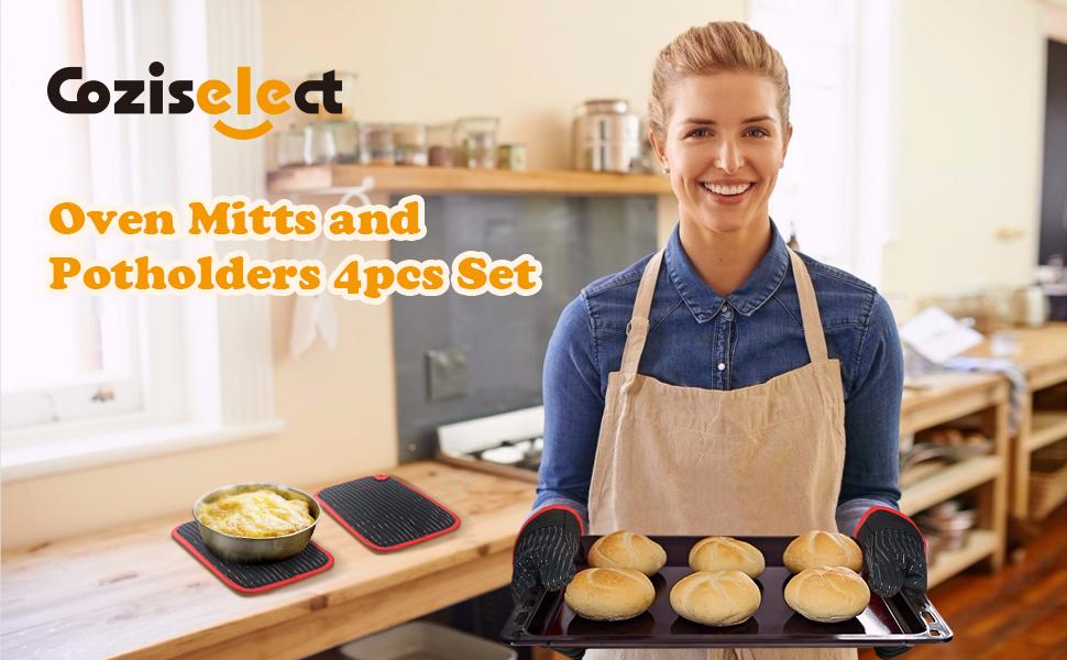 Oven Mitts and Pot Holders Set, Cooking Mitts, Heat Resistant Cooking Mitts and Pot Holders, Silicon Oven Gloves Set for Kitchen, Pure Cotton and Terrycloth Lining, Black, 4 Pcs Set