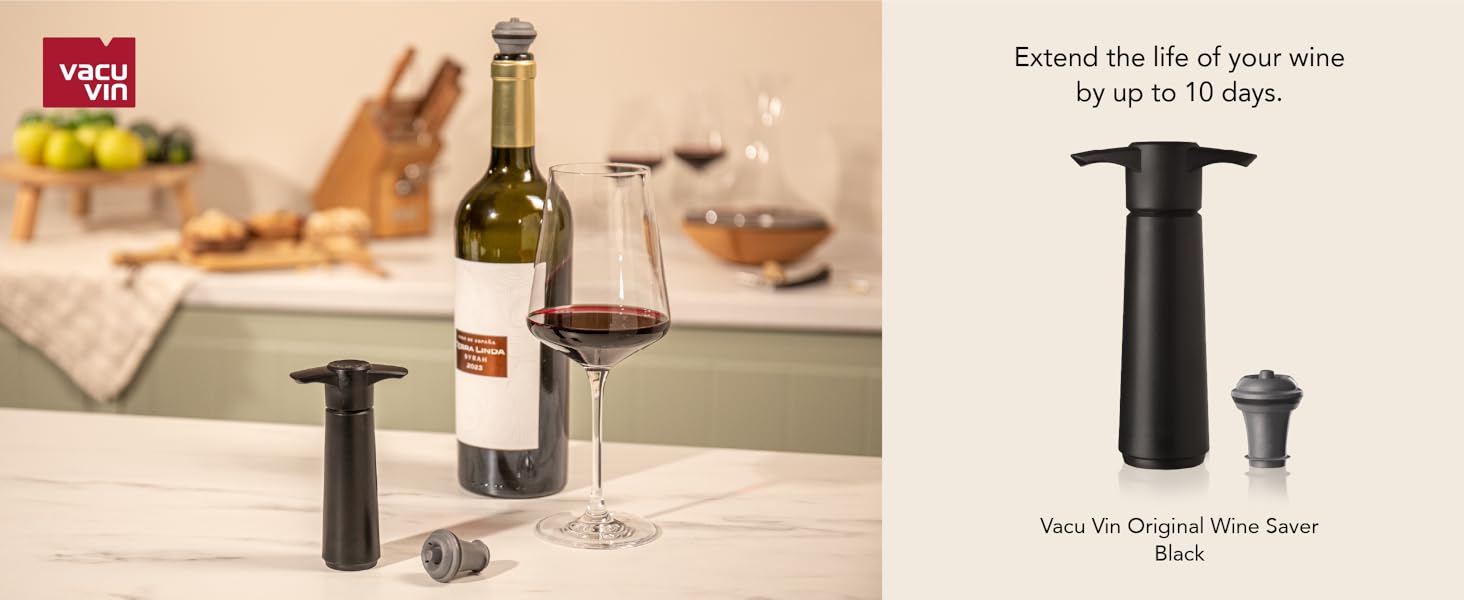 Vacu Vin Original Wine Saver with 4 Vacuum Bottle Stoppers – Black Wine Preserver Pump for Red or White Wine – Manual Air Remover System – Airtight Seal – Keep Wine Fresh Longer