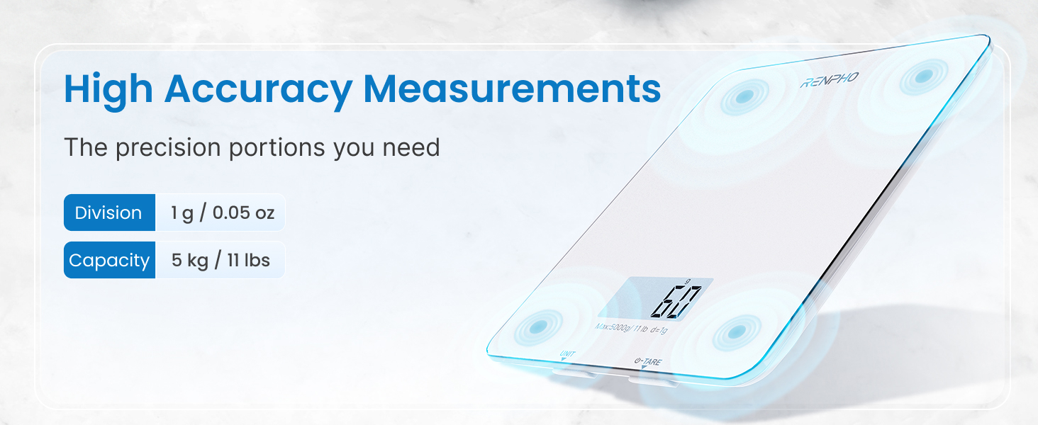 RENPHO Food Scale with Nutritional Calculator, Digital Kitchen Scale for Weight Loss, Smart Food Weight Scale with App for Macro Keto Calorie Cooking, Grams and Ounces, White, 11lb/5kg