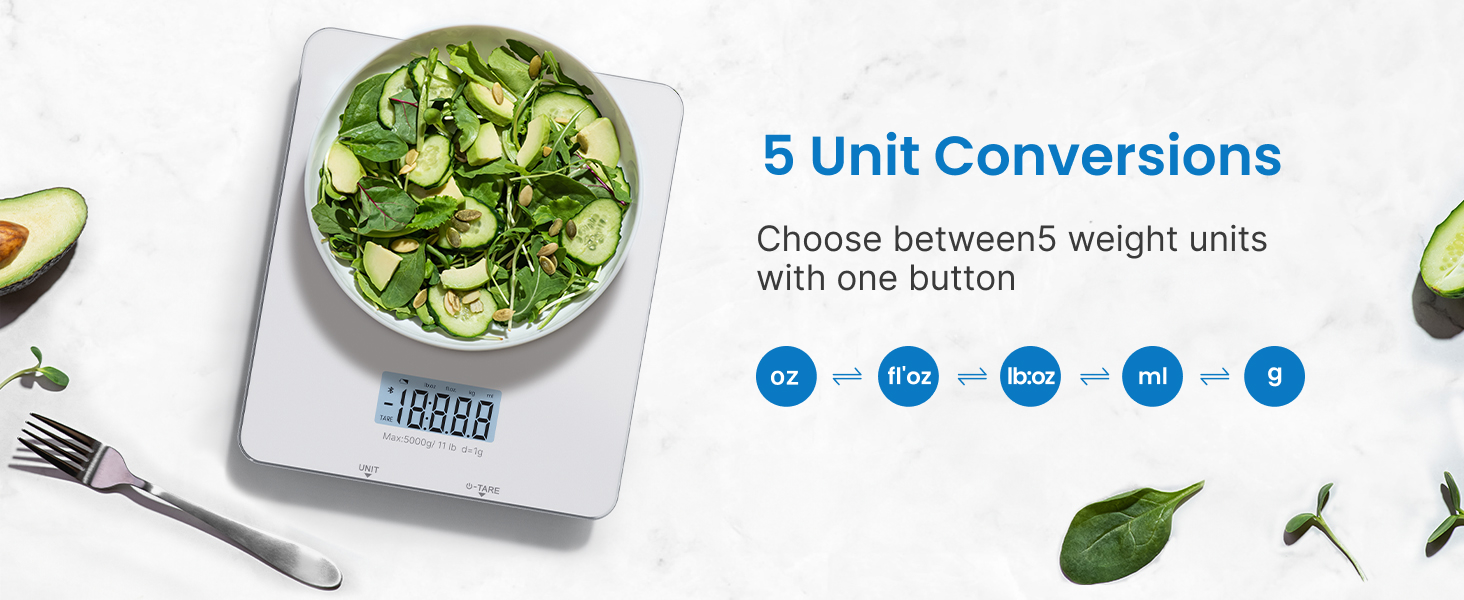 RENPHO Food Scale with Nutritional Calculator, Digital Kitchen Scale for Weight Loss, Smart Food Weight Scale with App for Macro Keto Calorie Cooking, Grams and Ounces, White, 11lb/5kg