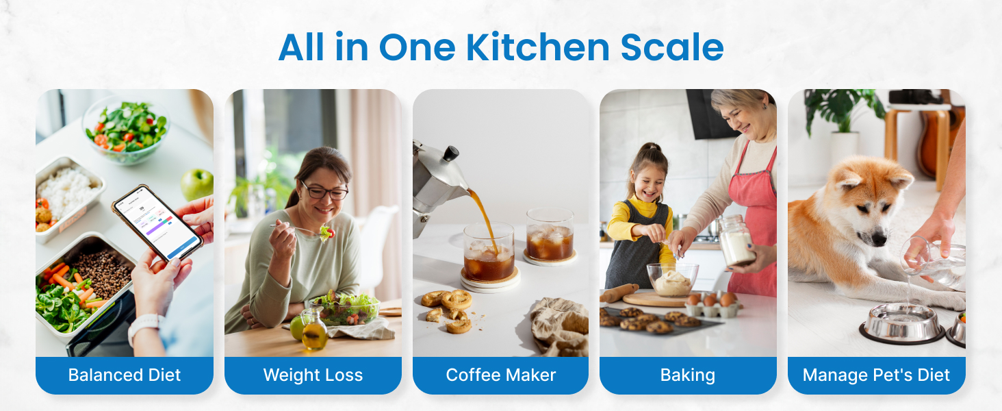 RENPHO Food Scale with Nutritional Calculator, Digital Kitchen Scale for Weight Loss, Smart Food Weight Scale with App for Macro Keto Calorie Cooking, Grams and Ounces, White, 11lb/5kg