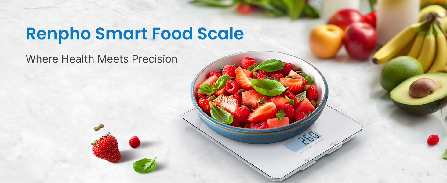 RENPHO Food Scale with Nutritional Calculator, Digital Kitchen Scale for Weight Loss, Smart Food Weight Scale with App for Macro Keto Calorie Cooking, Grams and Ounces, White, 11lb/5kg
