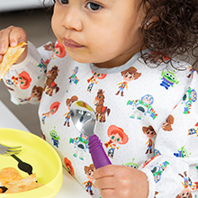 Bumkins Toddler Utensils, Kids Size Fork and Spoon Set, Silicone and Stainless-Steel Training Silverware, Angled Forks / Sporks for Self-Feeding, Children Hold Learning to Eat, 18 Months Up, Lavender