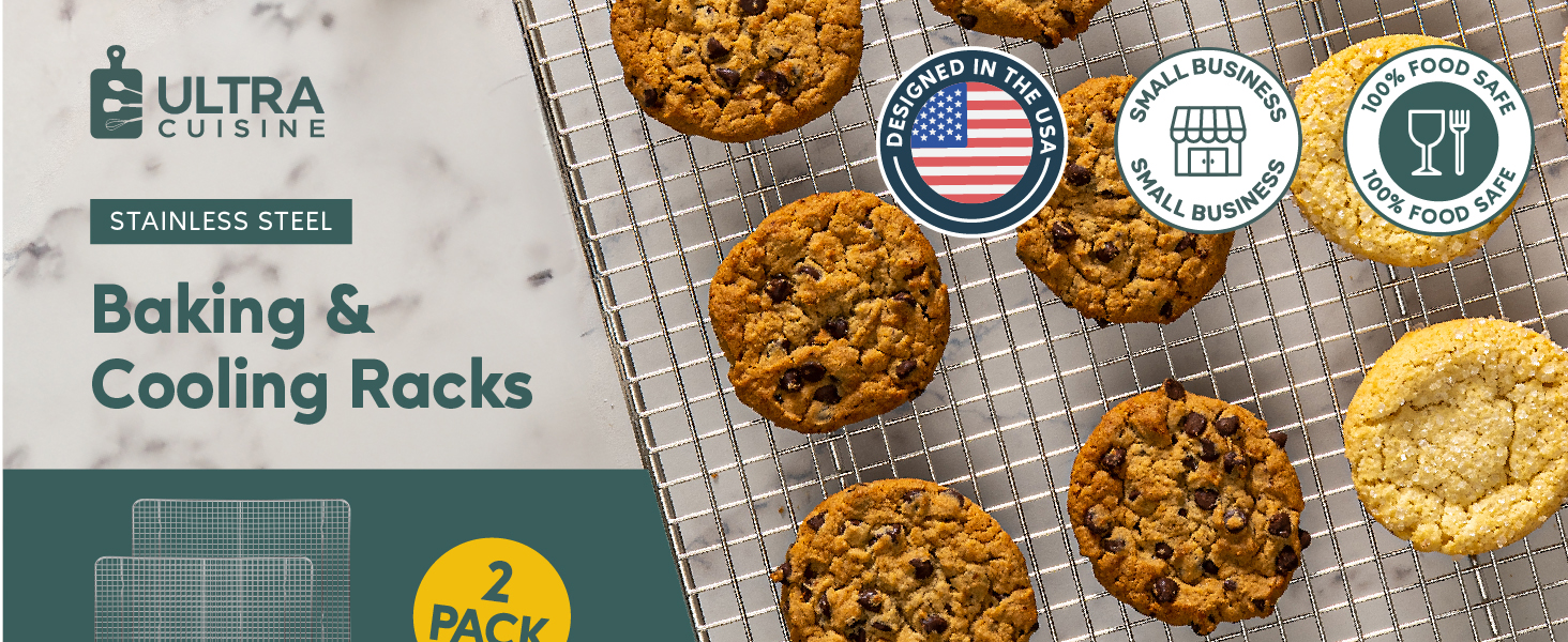 Ultra Cuisine Oven-Safe, Dishwasher-Safe 100% Stainless Steel Cooling and Baking Rack Set Heavy Duty Tight-Wire - 11.5 x 16.5-inch - Set of 2 - Half Sheet Pan Cooling Racks