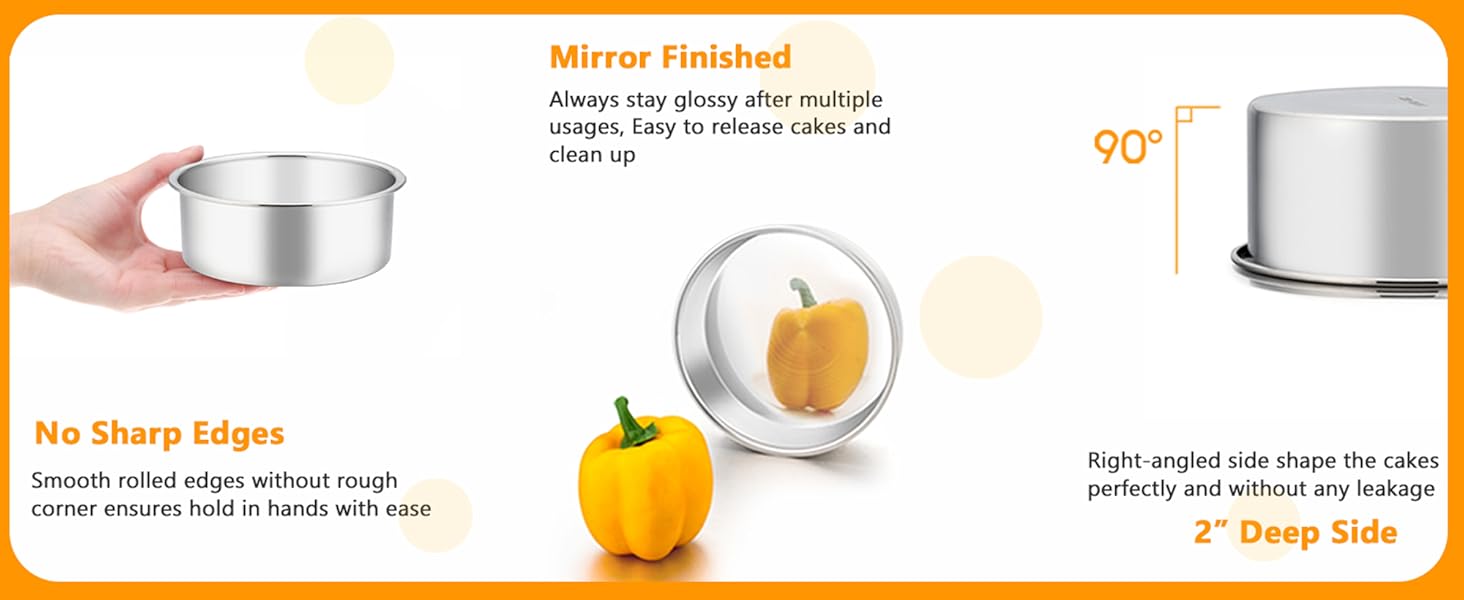 P&P CHEF Cake Pan Set of 4, Stainless Steel Baking Round Cake Pans Tins Bakeware for Birthday Wedding, Leak-proof & Easy Clean, Mirror Finish & Easy Releasing, 4 Inch