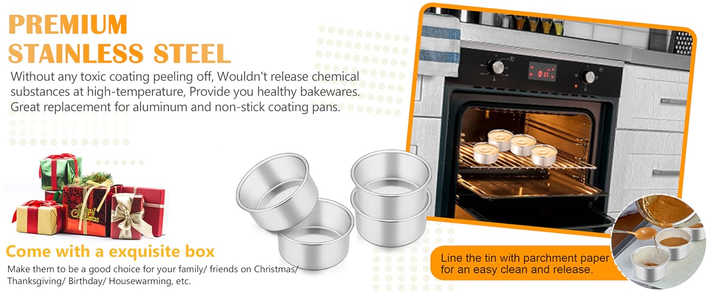 P&P CHEF Cake Pan Set of 4, Stainless Steel Baking Round Cake Pans Tins Bakeware for Birthday Wedding, Leak-proof & Easy Clean, Mirror Finish & Easy Releasing, 4 Inch
