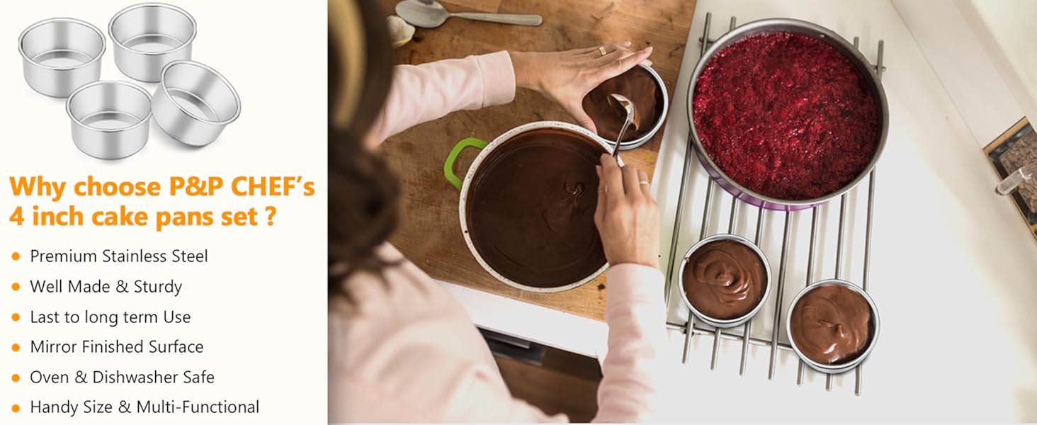 P&P CHEF Cake Pan Set of 4, Stainless Steel Baking Round Cake Pans Tins Bakeware for Birthday Wedding, Leak-proof & Easy Clean, Mirror Finish & Easy Releasing, 4 Inch