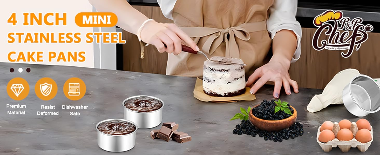 P&P CHEF Cake Pan Set of 4, Stainless Steel Baking Round Cake Pans Tins Bakeware for Birthday Wedding, Leak-proof & Easy Clean, Mirror Finish & Easy Releasing, 4 Inch