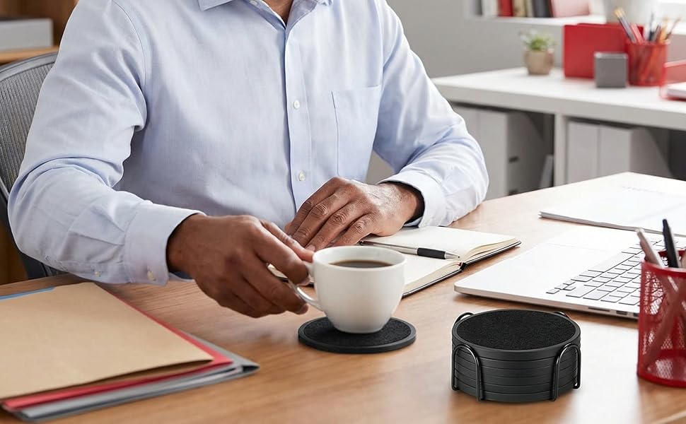 Absorbent Coasters for Drinks with Holder - 6packs, Silicone Coaster with Soft Felt Insert, Black (Coasters with Holder, Black)