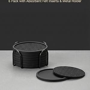 Absorbent Coasters for Drinks with Holder - 6packs, Silicone Coaster with Soft Felt Insert, Black (Coasters with Holder, Black)
