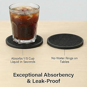 Absorbent Coasters for Drinks with Holder - 6packs, Silicone Coaster with Soft Felt Insert, Black (Coasters with Holder, Black)