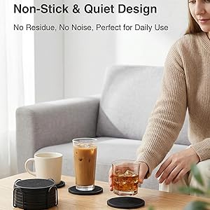 Absorbent Coasters for Drinks with Holder - 6packs, Silicone Coaster with Soft Felt Insert, Black (Coasters with Holder, Black)